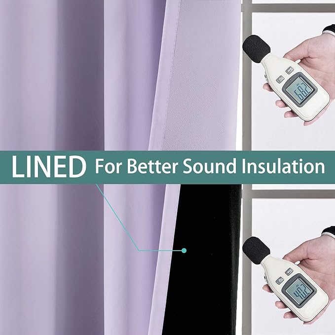 Yakamok 100% Blackout Lined Panels, Room Darkening Thermal Insulated Blackout Curtains for Bedroom, Heat Blocking Drapes for Living Room(62Wx84L, Lilac, 2 Panels)