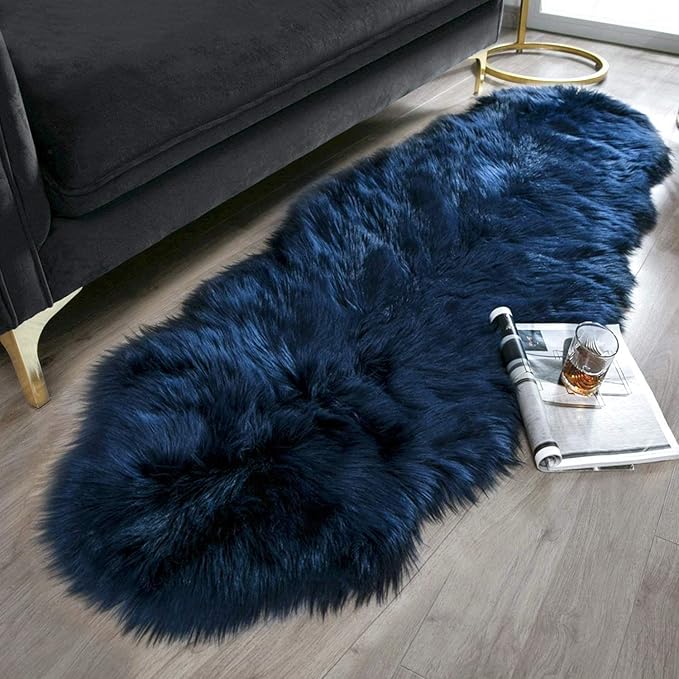 Ashler Faux Fur Rug, Dark Blue Area Rugs, Fluffy Sheepskin Fur Rug, Fuzzy Ultra Soft 2 x 6 Ft Rugs, Machine Washable Shag Rug, Nursery Throw Rugs for Bed, Living, Kids Room