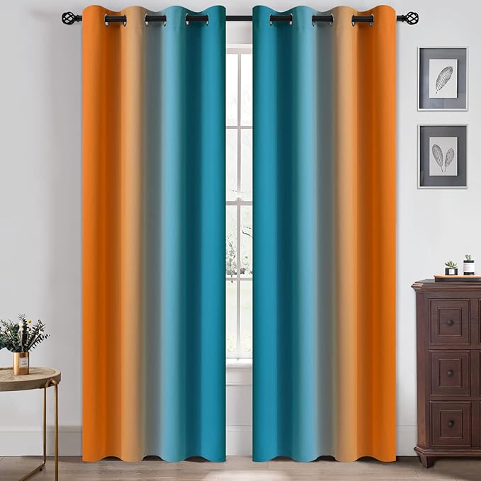 Yakamok Ombre Orange and Blue Curtains for Bedroom, Gradient Room Darkening Curtains, Grommet Thermal Insulated Light Blocking Window Drapes/Curtain for Living Room,52 x 84 Inch,2 Panels
