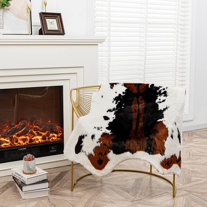 Faux Cowhide Rug Cow Print Area Rug Premium Faux Animal Skin Hide Rugs Tricolor Decor Carpet Non-Slip Small Cowhide Rugs Mat for Bedroom Living Room Office Kitchen 43.3X33.4Inches