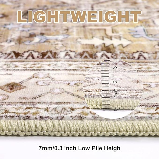 Yamaziot Washable Runner Rug, 2x5 Non-Slip Boho Vintage Hallway Rug Runner with Rubber Backing, Stain Resistant Faux Wool Distressed Carpet Runner for Kitchen, Laundry, Entrance, Beige Brown