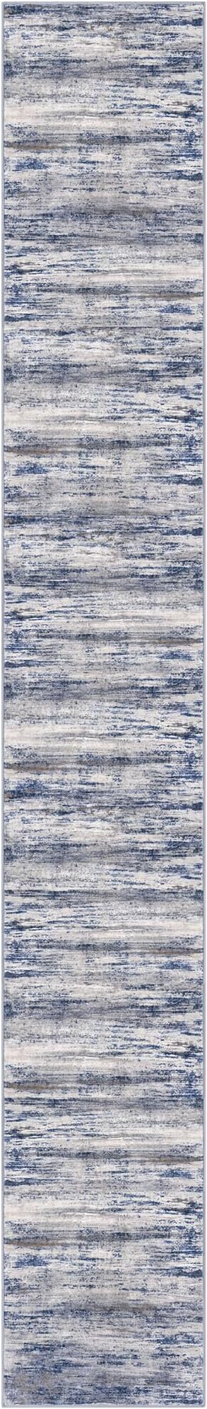 KOZYFLY Modern Abstract Washable Long Rug Runner 2.6x18 Hallway Rug Runner Non-Slip Soft Stair Runners, Grey-Blue Striped 18 feet Runner Rug for Kitchen Entryway Bathroom Laundry Room Foyer