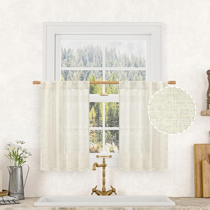 LAMIT Short Linen Curtains 36 Inch Length for Half Window, Cream Ivory Semi Sheer Light Filtering Panels Back Tab and Rod Pocket Drapes for Basement/Kitchen, 2 Panels, 25 x 36 Inch