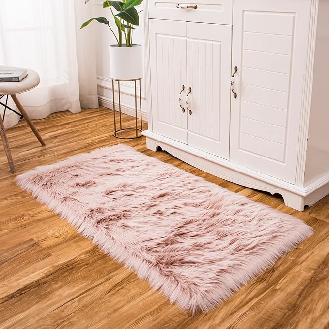 EasyJoy Ultra Soft Fluffy Shaggy Area Rug Faux Fur Rug Chair Cover Seat Pad Fuzzy Area Rug for Bedroom Floor Sofa Living Room (2 x 4 ft Rectangle, Pink)