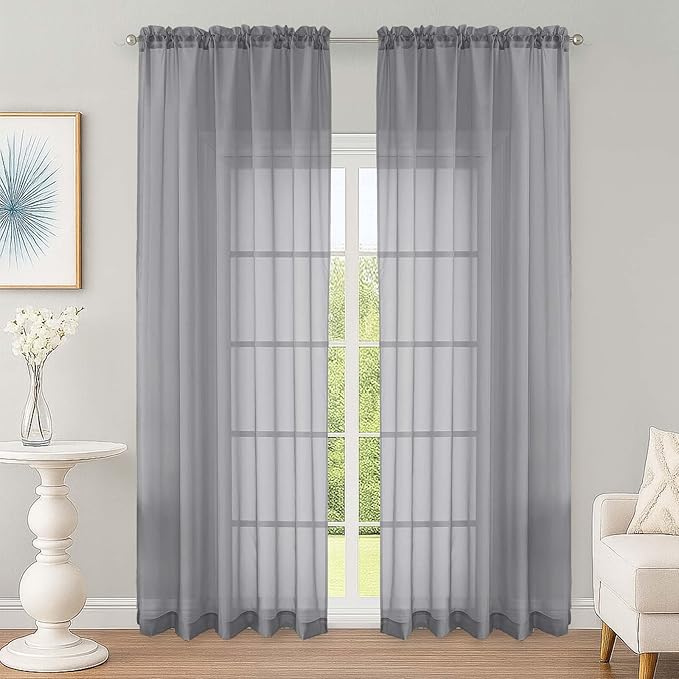 OWENIE Grey Sheer Curtain 90 Inches Long 2 Panels Set, Solid Filmy Drapes for Living Room Bedroom, Elegant Window Voile Sheer Curtain Panels Drapes, 2 Pcs, Each 59" Wx90 L Inch