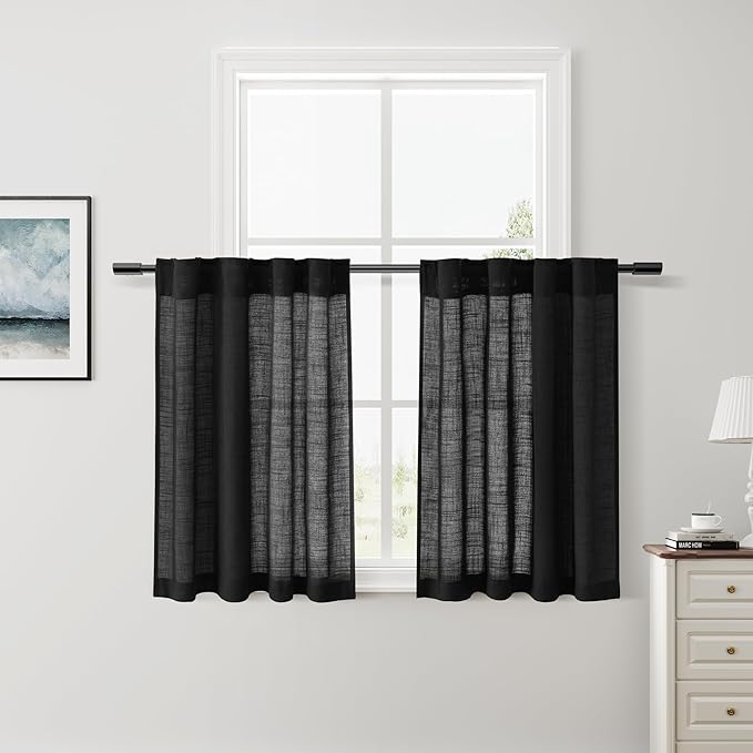 Nanspring Short Linen Curtains 36 Inch Length for Kitchen Windows Over Sink Black Privacy Panels Back Tab and Rod Pocket Neutral Curtains for Cafe/Basement 26 x 36 Inch,2 Panels