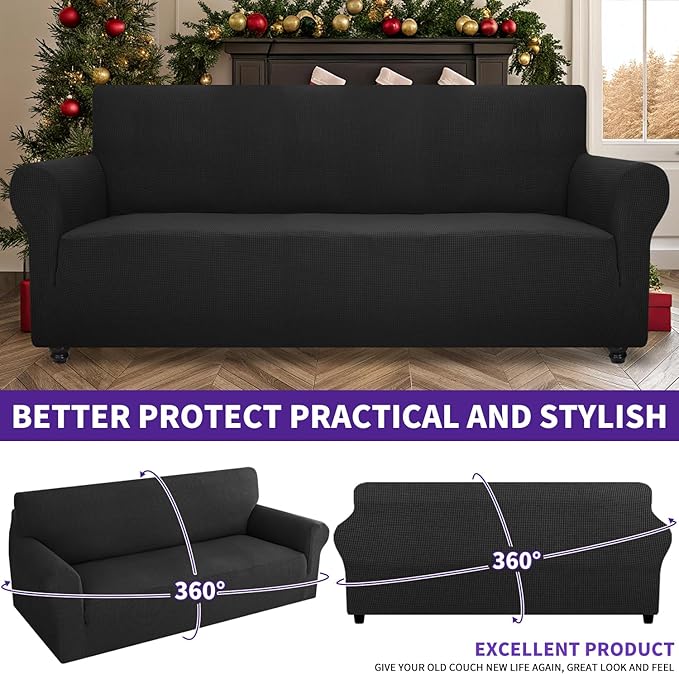 ZNSAYOTX Stretch Oversized Couch Cover Universal Sofa Covers for Living Room Dogs Pet Furniture Protector Spandex Extra Large Sofa Slipcovers with Anti Slip Foam Sticks (Black, XL Sofa)