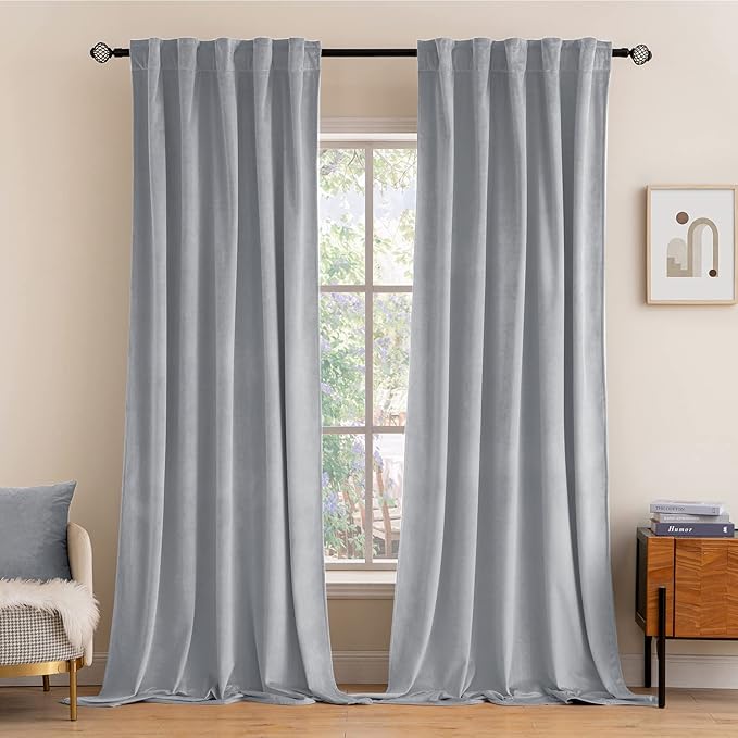 MIULEE Greyish White Velvet Curtains 96 inches 2 Panels - Luxury Blackout Curtains for Bedroom Living Room Thermal Insulated Super Soft Window Drapes Rod Pocket & Back Tab, W52 x L96 inches