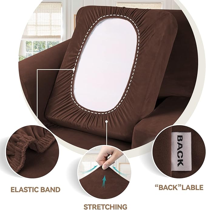 WEERRW Velvet Stretch Chair Sofa Slipcover - 2 Pieces Luxury Soft Velvet Plush Couch Cover Furniture Protector with Elastic Bottom for Pets, Machine Washable, Chocolate, Small