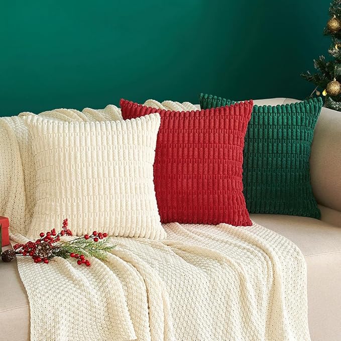 MIULEE Pack of 2 Corduroy Decorative Throw Pillow Covers 12x12 Inch Soft Boho Striped Pillow Covers Modern Farmhouse Home Decor for Sofa Living Room Couch Bed Cream White