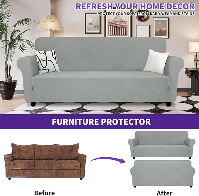 ZNSAYOTX Oversized Super Stretch Couch Cover (92"-115"), New Striped Sofa Covers Comfortable & Durable, Dog Cat Pets Friendly Extra Large Spandex Sofa Slipcovers (Light Grey, XL Sofa)