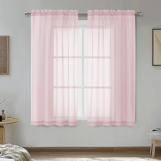 OVZME Blush Pink Sheer Curtains 54 Inches Long 2 Panels - Soft Light Filtering Window Sheer Panels for Living Room/Bedroom, Top Dual Rod Pocket, 1 Pair, Each 42Wx54L Inches