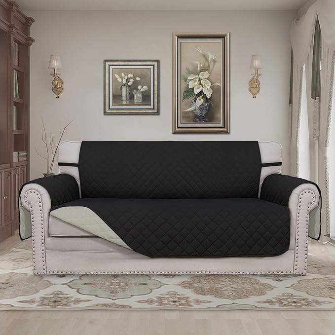 Easy-Going Sofa Slipcover Reversible Loveseat Sofa Cover Couch Cover for 2 Cushion Couch Furniture Protector with Elastic Straps for Pets Kids Dog Cat (Oversized Loveseat, Black/Beige)
