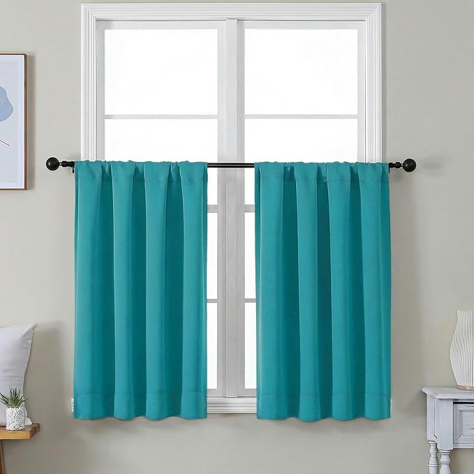 Simplebrand Ava Teal Short 36 Inches Blackout Curtain 2 Panels Set, Half Window Rod Pocket Privacy Curtain Tiers for Kitchen, Curtains Blackout for Bathroom Shades, W40 x L36 Inch, Teal