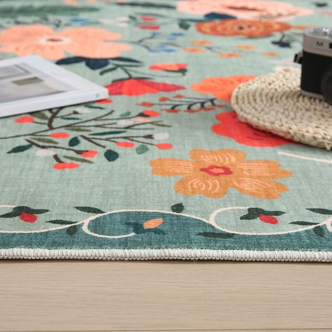 Rugcomf 2x5 Rug Runner - Floral Machine Washable Kitchen Rug, Non-Slip Low Pile Boho Carpet for Hallways, Laundry, Entryway, Bedroom, Bathroom - Green