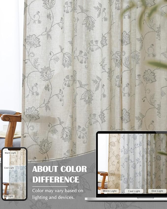 jinchan Linen Curtains Floral Curtains 96 Inch Length for Living Room Bedroom Light Filtering Rod Pocket Back Tab Jacobean Curtains Flax Linen Texture Window Drapes Set 2 Panels Dark Grey on Linen