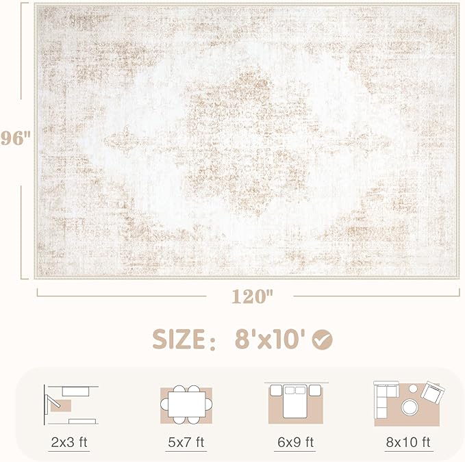 Area Rugs 8x10 Vintage Rug: Large Washable Living Room Rug Retro Medallion Distressed Rugs Soft Low Pile Non-Slip Indoor Floor Carpet for Bedroom Kitchen Nursery Dining Table Office (Beige, 8'x10')