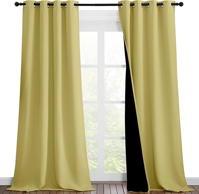 NICETOWN 100% Blackout Blinds, Set of 2, 46 inches x 96 inches, Laundry Room Decor Window Treatment Curtains for Large Patio Sliding Door, Thermal Insulated Paler Yellow Curtains for Bedroom