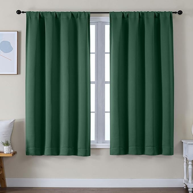 Simplebrand Ava Ever Green Blackout Curtains for Bedroom 63 Inch Length 2 Panels Set, Solid Thermal Insulated Privacy Living Room Window Treatment Curtains Blackout Drapes, W50 x L63 Inch