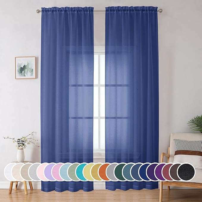OWENIE Blue Sheer Curtains 96 Inch Long 2 Panels Set, Light Filtering Rod Pocket Soft Clear Sheer Curtain for Bedroom/Living Room, 2Pcs, Each 42" W x 96" L, Royal Blue