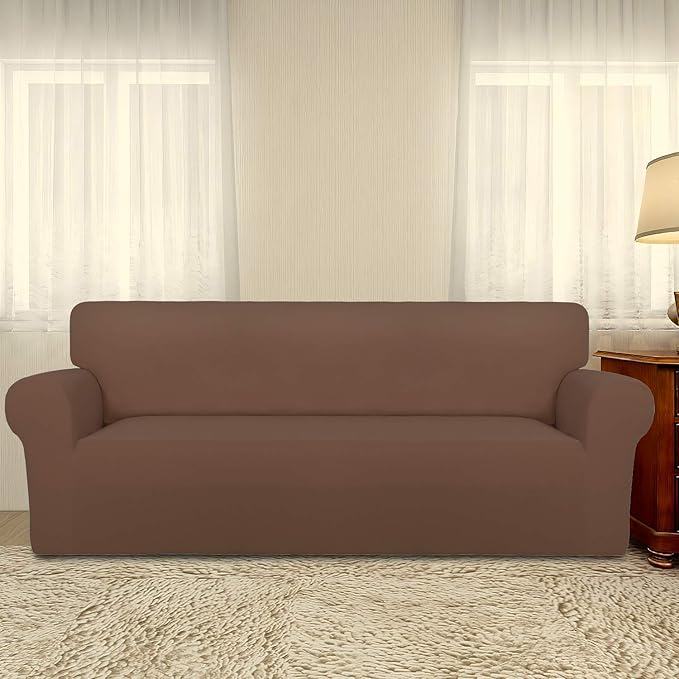 PureFit Super Stretch Oversized Sofa Slipcover – Spandex Non Slip Soft Couch Sofa Cover, Washable Furniture Protector with Non Skid Foam and Elastic Bottom for Kids, Pets （Oversized Sofa, Brown）
