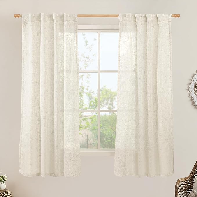 LAMIT Natural Semi Sheer Linen Curtains, Cream Ivory Light Filtering Panels Back Tab and Rod Pocket Neutral Drapes for Bedroom/Living Room, Natural, 2 Panels, 34 x 60 Inch