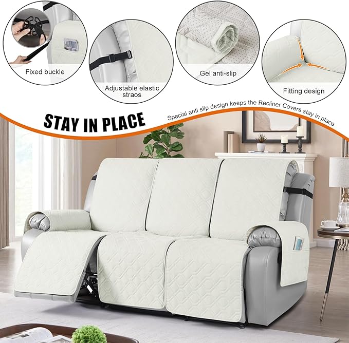 VANSOFY Waterproof Recliner Couch Covers, Sofa Covers 1-Piece Washable Reclining Sofa Cover Non-Slip Furniture Protector with Elastic Straps Pocket for Dogs, Pets(Off White,3 Seater)