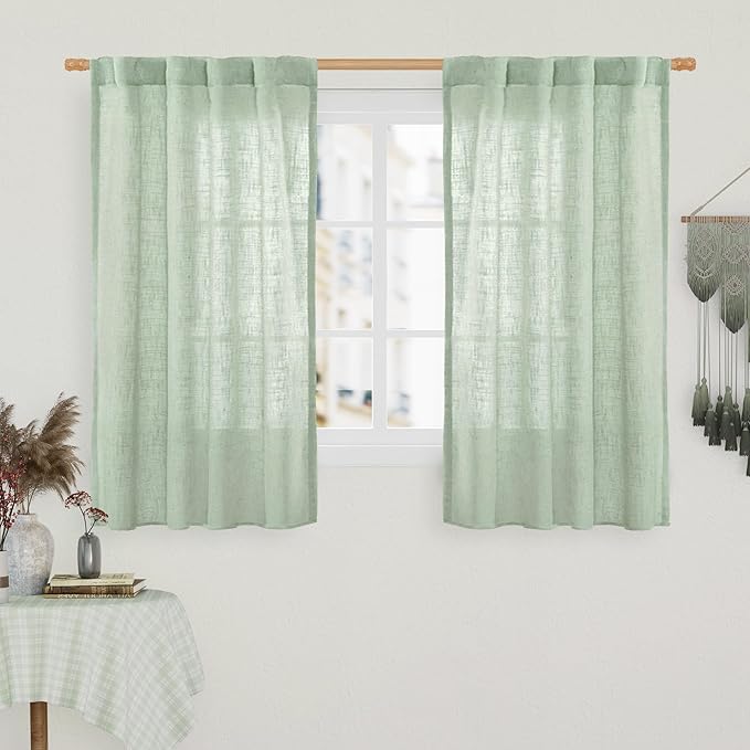 LAMIT 54 Inch Semi Sheer Window Linen Curtains, Light Filtering Panels Back Tab and Rod Pocket Country Decor Drapes for Bedroom/Farmhouse, Fresh Green, 2 Panels, 34 x 54 Inch