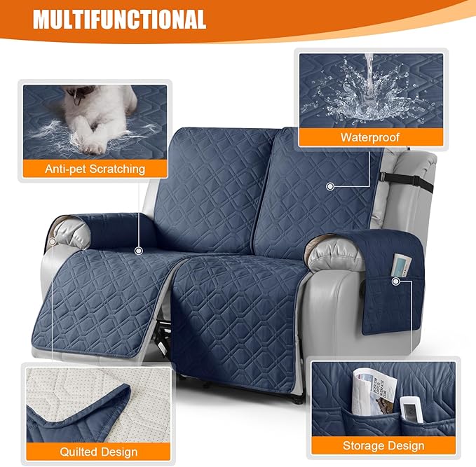 VANSOFY Waterproof Recliner Couch Covers, Sofa Covers 1-Piece Washable Reclining Sofa Cover Non-Slip Furniture Protector with Elastic Straps Pocket for Dogs, Pets(Navy Blue,2 Seater)