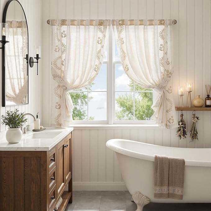 jinchan Belrose Linen Floral Cafe Curtains 45 Inch Length Embroidered Farmhouse Curtains for Kitchen Bedroom Bathroom Small Windows Curtain Set Light Filtering 2 Panels Beige