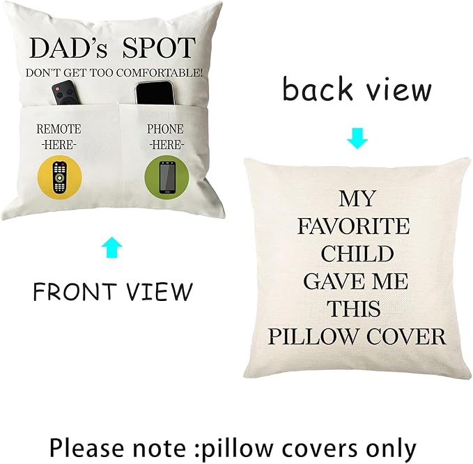 ONFAON Father's Day Throw Pillow Case, Dad's Spot Throw Pillow Covers 18 x 18 Inch，Dad Gifts from Daughter Son，Birthday Christmas Thanksgiving Day Gifts for Papa Stepdad ，2-Pocket