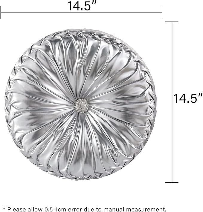 HIG Set of 2 Handcrafted Silver Ruched Round Throw Pillows – 14.5’’ Metallic Leather Decorative Pillows with Soft Polyester Filling for Couch, Bed, Living Room, Bedroom, or Dorm