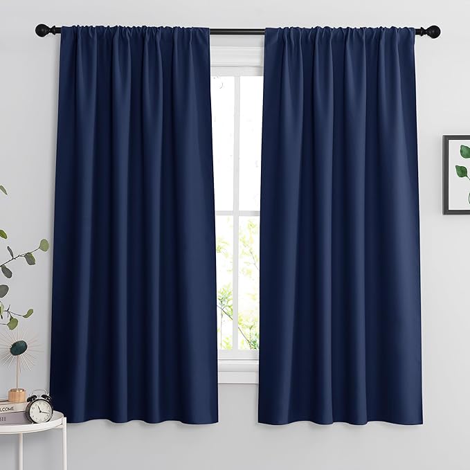 RYB HOME Blackout Curtains for Bedroom Living Room 63 inches Long, Thermal Insulated Privacy Rod Pocket Drapes for Nursery Office Home Theater, Width 34 by Length 63, Marine Blue, 2 Panels