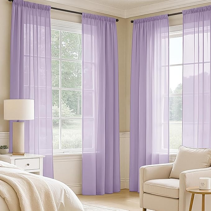 MIULEE Light Purple Sheer Curtains 72 Inches Long, 4 Panels Set, Lavender Light Filtering Rod Pocket Voile Drapes for Living Room and Bedroom, Airy Soft Fabric Window Treatments, 42 x 72 Inches