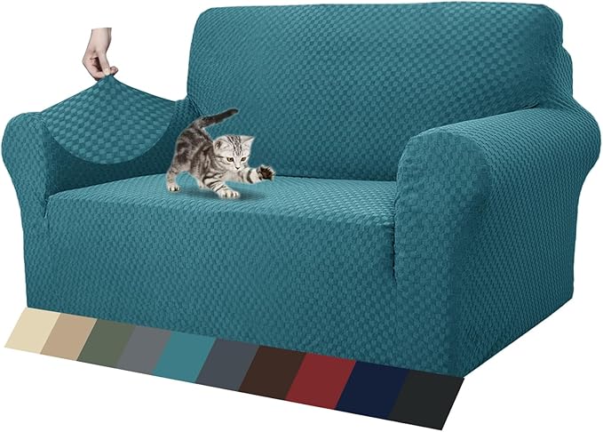 ZNSAYOTX 1 Piece Jacquard Couch Covers for 2 Cushion Couch High Stretch Loveseat Slipcover for Pets Dogs Anti Slip Love Seat Sofa Slipcover Furniture Protector (Loveseat, Peacock Blue)