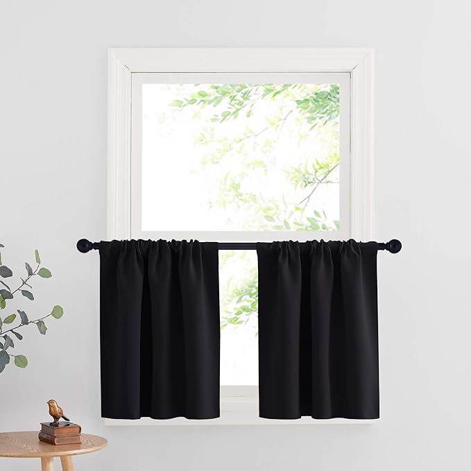 RYB HOME Cafe Blackout Curtains 24 inch Length, RV Curtains for Camper Windows, Mini Short Small Insulating Light UV Heat Blocking Privacy Half Window Tiers, Width 42 by Length 24, Black, 2 Panels