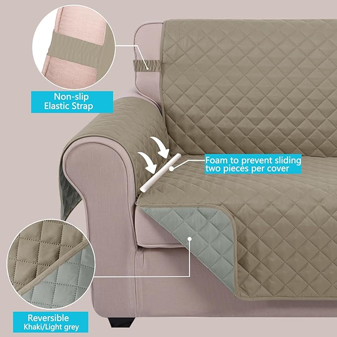 U-NICE HOME 4 Seater Sofa Cover 91 Inch Large Couch Covers for 4 Cushion Couch with Elastic Straps Water Resistant Furniture Protector Cover for Pets Cat (Sofa XX-Large, Khaki/Light Grey)