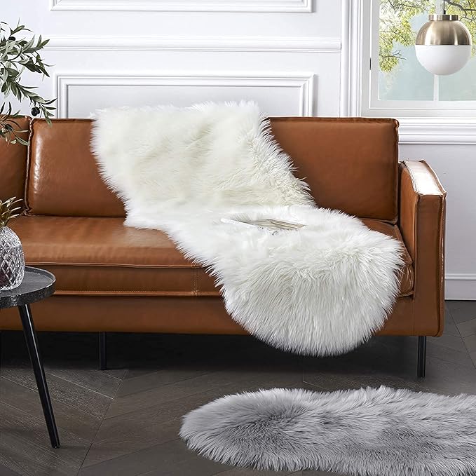 Faux Fur Rug for Bedroom, Fluffy Runner Rugs Soft Sheepskin Rug Sofa Couch Seat Cushion, 2x6ft White Plush Area Rug Shag Rugs Floor Carpets for Nursery Bedside, Cute Shaggy Fuzzy Home Decor