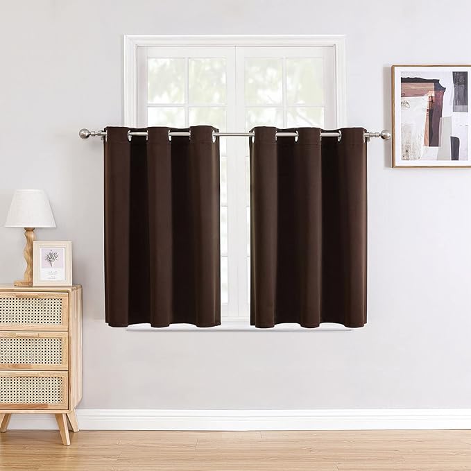 ChrisDowa Small Window Curtains for Kitchen and Bedroom - Grommet Short Thermal Insulated Room Darkening Curtains (2 Panels, Brown, 34 x 36 Inch)