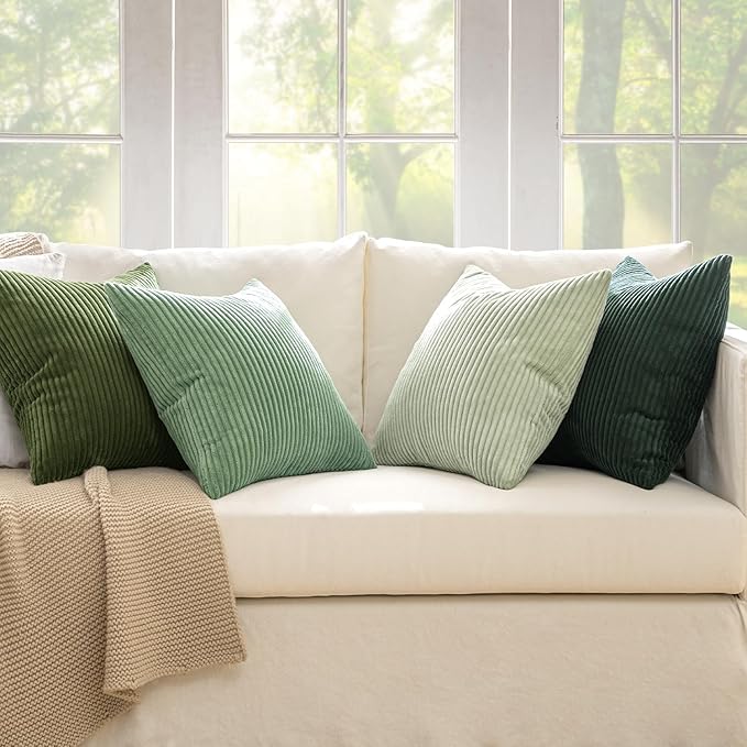 MIULEE Boho Farmhouse Sage Green Throw Pillow Covers 18x18 Inch Set of 4 Mordern Nordic Cushion Covers Soft Corduroy Spring Home Decor for Couch Bed Sofa Living Room Forest Green