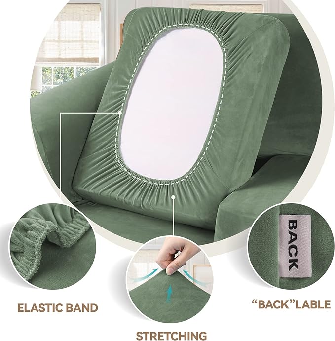 WEERRW 4 Pieces Velvet High Stretch Couch Covers for 3 Cushion Couch Sofa Slipcovers, Washable Furniture Protector with Non Slip Elastic Bottom, Feature Soft Plush Fabric, Greyish Green, Large