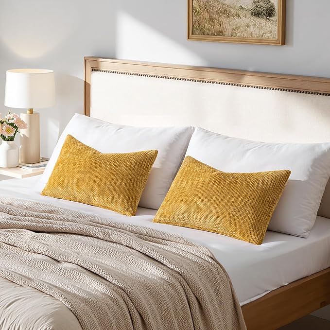 MIULEE Pack of 2 Lumbar Couch Throw Pillow Covers 20x12 Inch Neutral Gold Modern Boho Accent Decorative Pillow Covers Soft Chenille Farmhouse Cushion Covers for Home Decor Bed Sofa Living Room