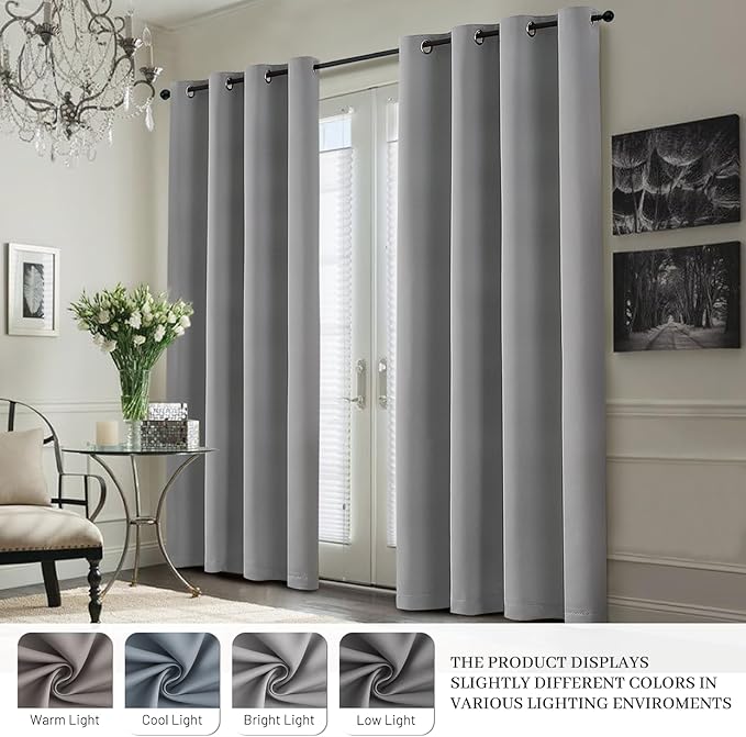 Yakamok 100% Blackout Curtain Panels 63 inches Cold and Light Blocking Drapes for Nursery, 2 Thick Layers Thermal Insulated Draperies (2 Pieces, 50 Wide Each Panel, Dove Grey/White Backing)