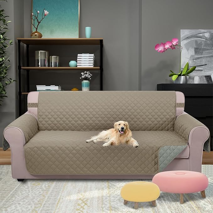 U-NICE HOME 4 Seater Sofa Cover 91 Inch Large Couch Covers for 4 Cushion Couch with Elastic Straps Water Resistant Furniture Protector Cover for Pets Cat (Sofa XX-Large, Khaki/Light Grey)