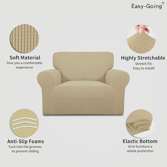 Easy-Going Stretch Oversized Chair Sofa Slipcover 1-Piece Couch Sofa Cover Furniture Protector Soft with Elastic Bottom for Kids Spandex Jacquard Fabric Small Checks Beige