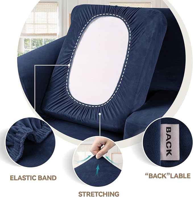 WEERRW Velvet Couch Covers for 2 Cushion Couch Sofa - High Stretch Luxury Velvet Plush 3 Pieces Sofa Slipcovers with Elastic Bottom, Furniture Protector for Pets, Machine Washable, Navy Blue, Medium