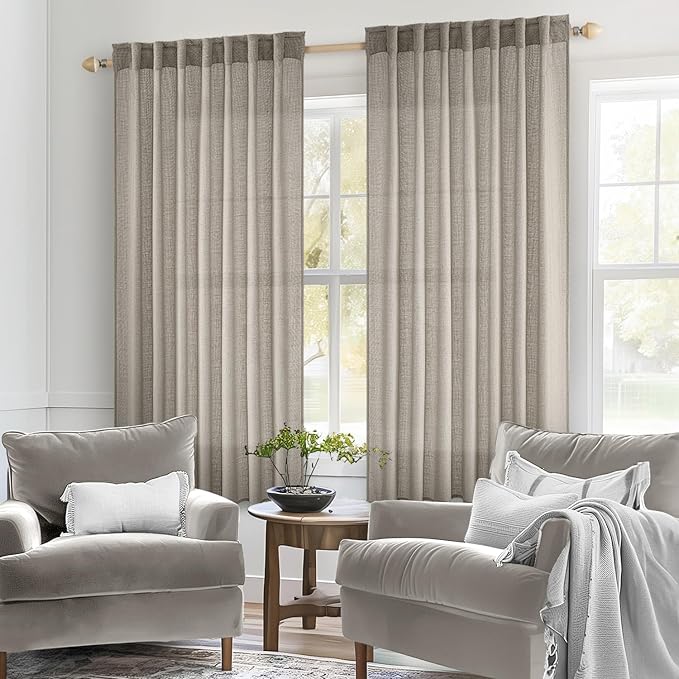 MIULEE Burlywood Birch Linen Curtains 45 Inch Length 2 Panels for Bedroom Living Room, Soft Linen Textured Window Drapes Semi Sheer Light Filtering Back Tab Rod Pocket Farmhouse Burlap Look Decor