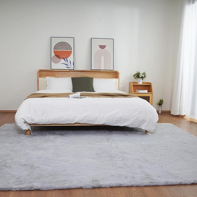 Ghouse Grey 8x10 Area Rug Fluffy Faux Rabbit Fur Grey Rug Plush Shag Fuzzy Rug for Living Room Bedroom, Playing Room, Nursery Room