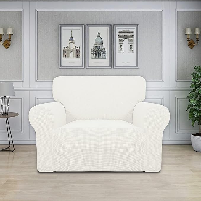 Easy-Going Stretch Oversized Chair Sofa Slipcover 1-Piece Couch Sofa Cover Furniture Protector Soft with Elastic Bottom for Kids Spandex Jacquard Fabric Small Checks Cream