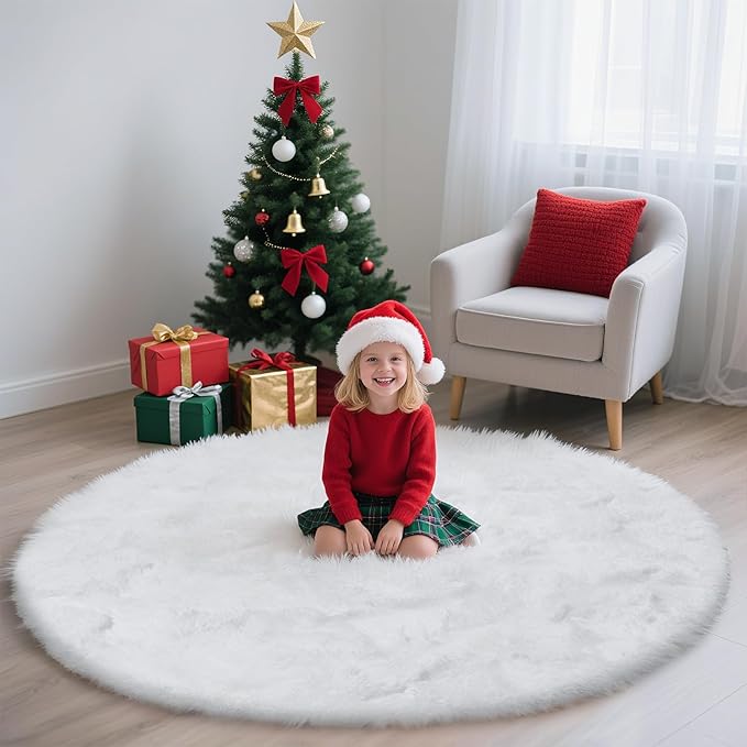 yulidayang White Fluffy Round Area Rugs for Bedroom,5'X5'Shag Circle Area Rugs for Girls Room,Non Slip Fuzzy Plush Rug for Kids Room Living Room and Dorm Home Decor Rug